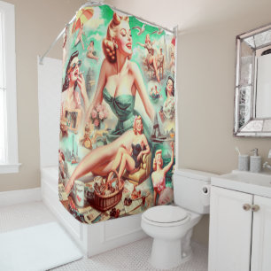Rideaux De Douche Peinture vintage à l'huile Collage Pin Up