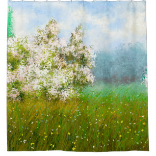 Rideaux De Douche Peintures à l'huile paysage rural, fleurs dans le
