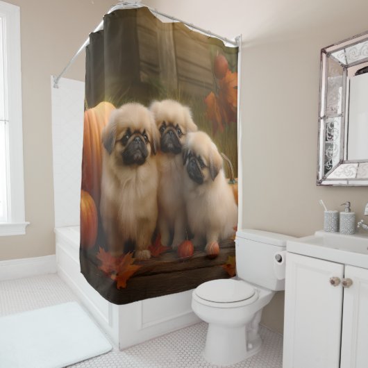 Rideaux De Douche Pekingese Chiot Automne Citrouille délice (En situation)