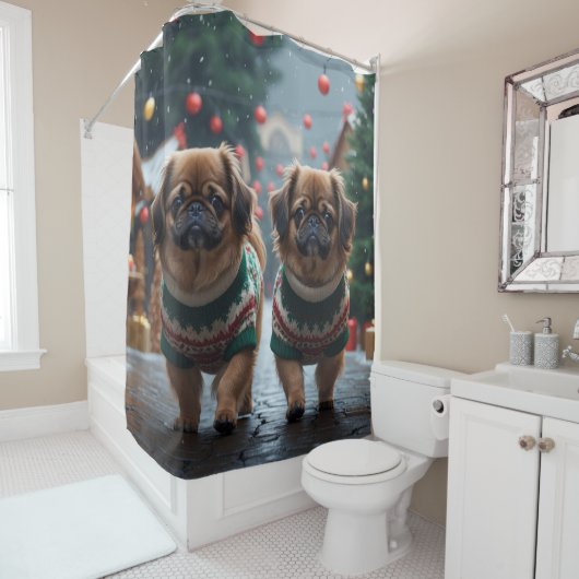 Rideaux De Douche Pekingese Dogs Christmas Snow Holiday (En situation)
