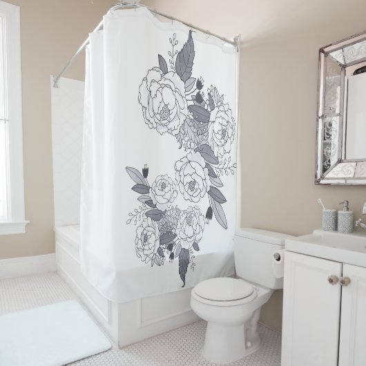 Rideaux De Douche peonies ghaphic gray noir-blanc fleurs botaniques (En situation)