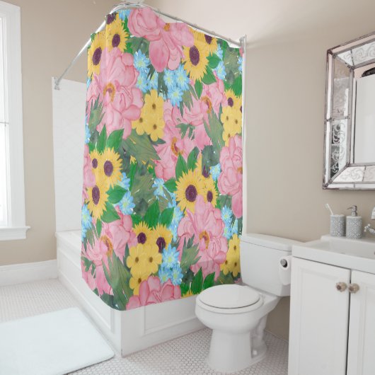 Rideaux De Douche Peonies roses tendance Yellow Sunflowers Aquarelle (En situation)