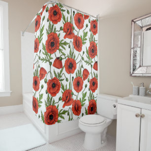 Rideaux De Douche Pépites, rouge et vert sur blanc