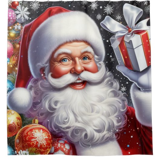 Rideaux De Douche Père Noël classique avec présent & ornements (Devant)
