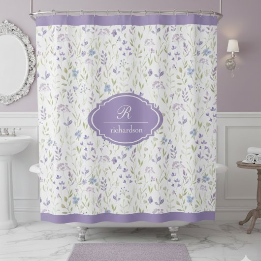 Rideaux De Douche Personalized Purple Floral Monogram
