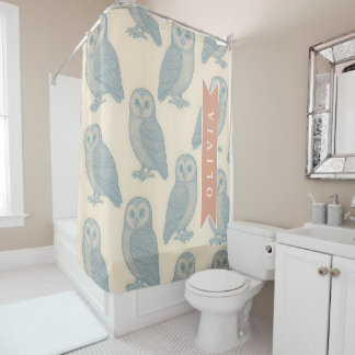 Rideaux De Douche Personnalisé Bleu Hibou Vintage Cottagecore de la 