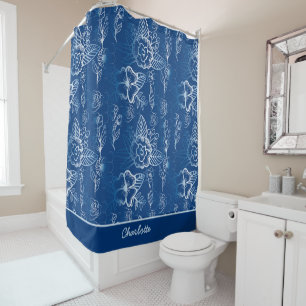 Rideaux De Douche Personnalisé floral continu motif blanc - bleu