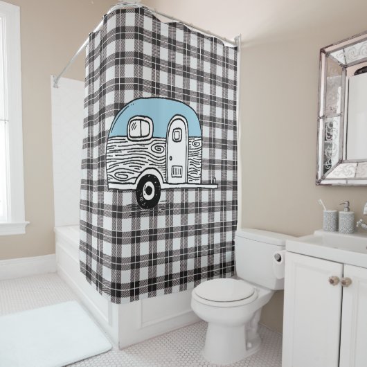 RIDEAUX DE DOUCHE PETIT CAMPING BLEU (En situation)