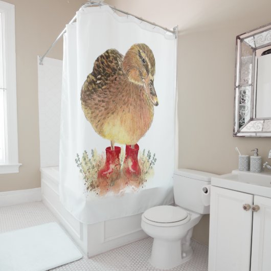 Rideaux De Douche Petit Canard mignon dans Bottes en caoutchouc roug (En situation)