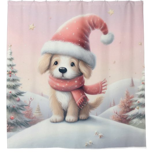 Rideaux De Douche Petit chiot de Noël en chapeau santa (Devant)