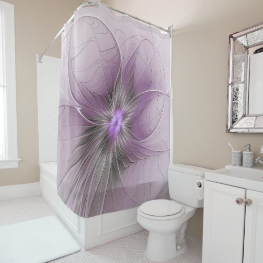 Rideaux De Douche Petite Beauté Moderne Mauve Grey Fractal Art Flowe (En situation)