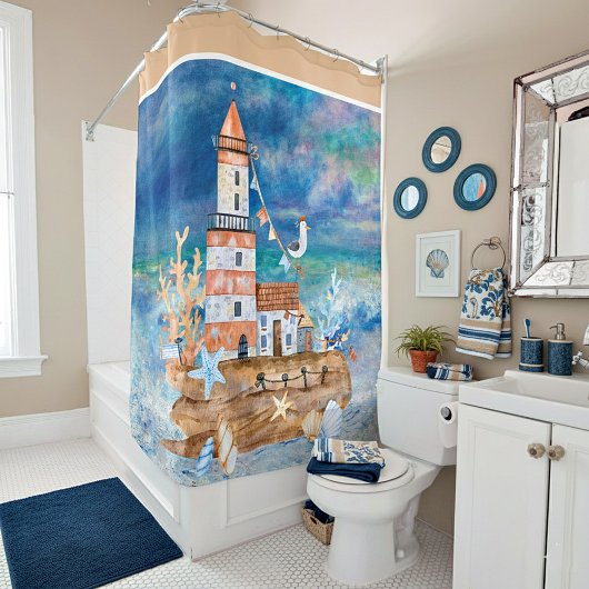 Rideaux De Douche Phare à l'aquarelle