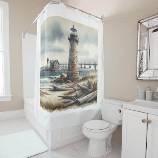 Rideaux De Douche Phare côtier rustique bord de mer (En situation)