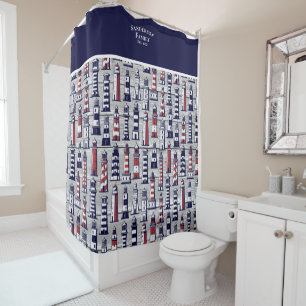 Rideaux De Douche Phare rayé Nautique Marine bleu gris rouge