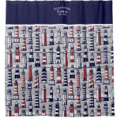 Rideaux De Douche Phare rayé Nautique Marine bleu gris rouge (Devant)