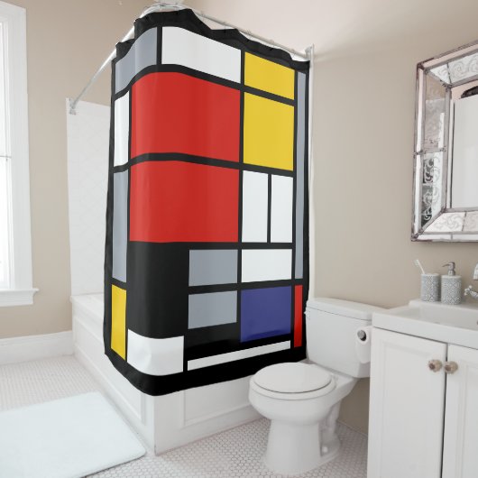 Rideaux De Douche Piet Mondrian, Grande composition avec plan rouge (En situation)