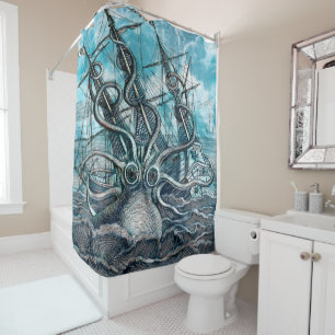 Rideaux De Douche Pieuvre géante Mer Bleue Monstre Voilier