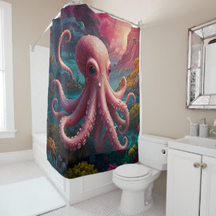 Rideaux De Douche Pieuvre rose vif Salle de bain sous-marine Sea Lif