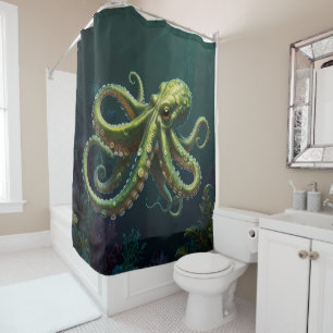 Rideaux De Douche Pieuvre verte vibrante Salle de bain sous-marine S