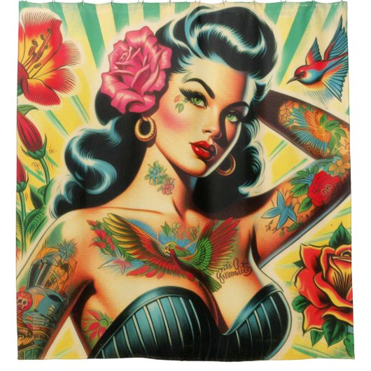 Rideaux De Douche Pinceau de tatouage rétro Old School (Devant)