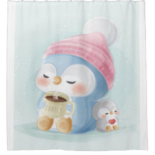Rideaux De Douche Pingouin de dessin Pingouin mou avec neige