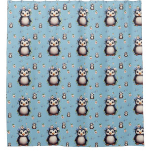 Rideaux De Douche Pingouins d'aquarelle de printemps avec fleurs en 