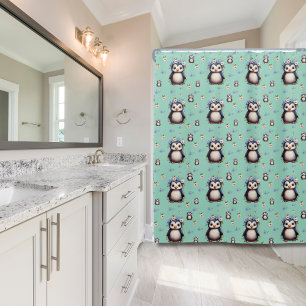 Rideaux De Douche Pingouins d'aquarelle Motif Petit printemps Turquo