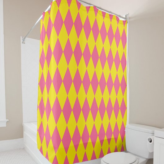 Rideaux De Douche Pink and Yellow Harlequin Checkered Design