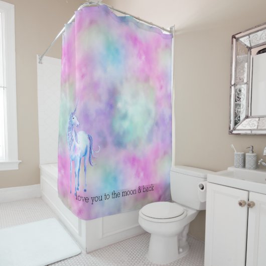 Rideaux De Douche Pink Aqua violet blanc licorne (En situation)