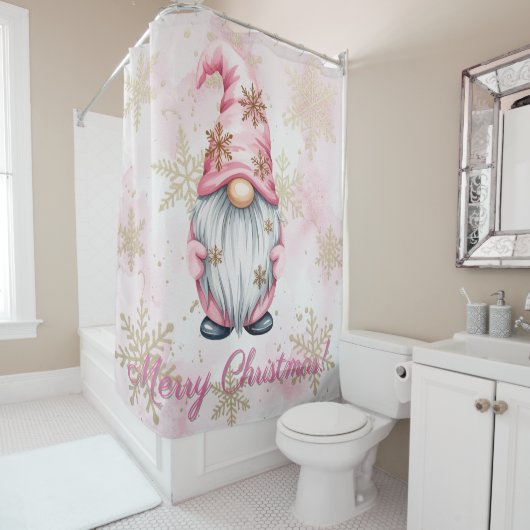 Rideaux De Douche Pink Christmas Gnome Gold Snowflakes (En situation)