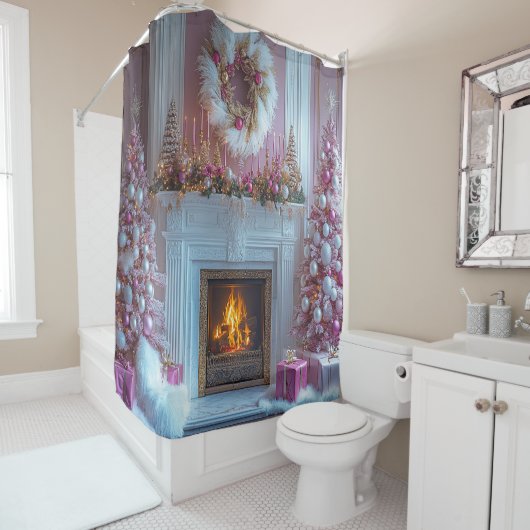 Rideaux De Douche Pink Christmas Tree Pink Candles Fireplace Ostrich (En situation)
