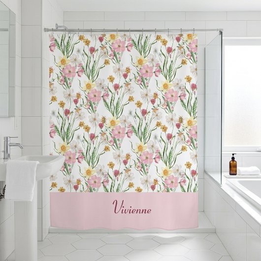 Rideaux De Douche Pink Green Watercolor Wildflower Monogram