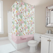 Rideaux De Douche Pink Green Watercolor Wildflower Monogram (En situation)