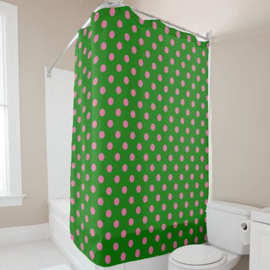 Rideaux De Douche Pink On Green Polka Dots Pattern Design 
