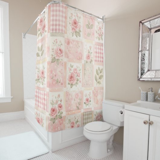 Rideaux De Douche Pink Pastel Floral & Gingham Quilt Patchwork (En situation)