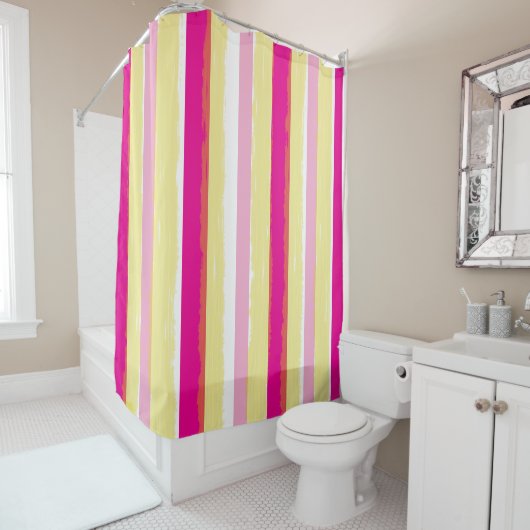 Rideaux De Douche Pink White Yellow Summer Vertical Stripes (En situation)