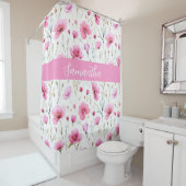 Rideaux De Douche Pink Wildflower Watercolor Custom Name (En situation)