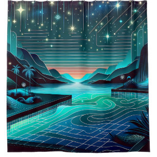 Rideaux De Douche "Piscine d'infini à Twilight : Paysage nocturne se