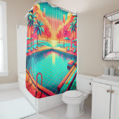 Rideaux De Douche "Piscine tropicale avec Cityscape - Art rétro vibr (En situation)