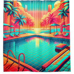 Rideaux De Douche "Piscine tropicale avec Cityscape - Art rétro vibr
