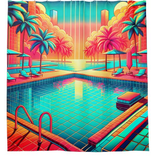 Rideaux De Douche "Piscine tropicale avec Cityscape - Art rétro vibr (Devant)