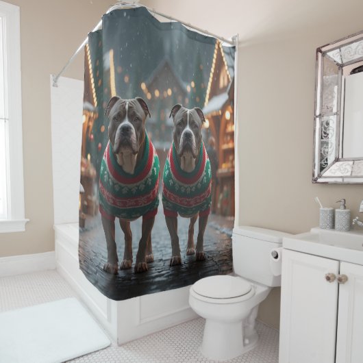 Rideaux De Douche Pitbull Dogs Christmas Snow Holiday (En situation)