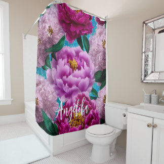 Rideaux De Douche Pivoines roses à l'aquarelle avec nom personnalisé