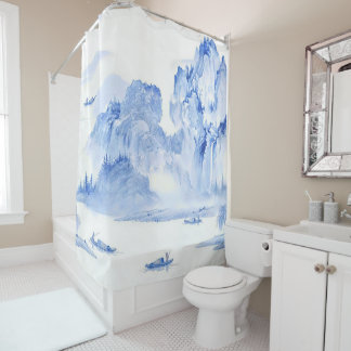 Rideaux De Douche PixDezine Blue Chinoiserie Vallée Paysage de vie