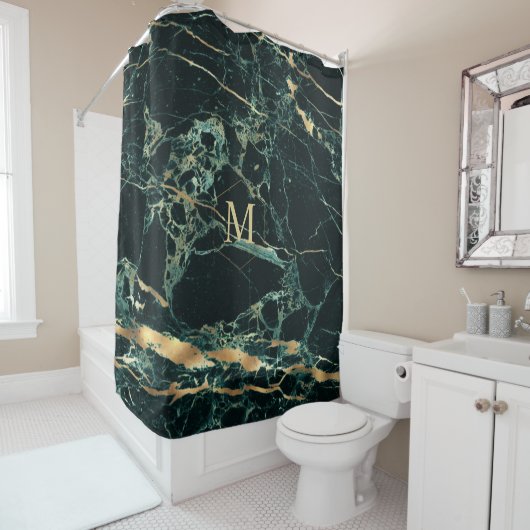 Rideaux De Douche PixDezines FOREST GREEN MARBLE+FAUX OR VEINS (En situation)