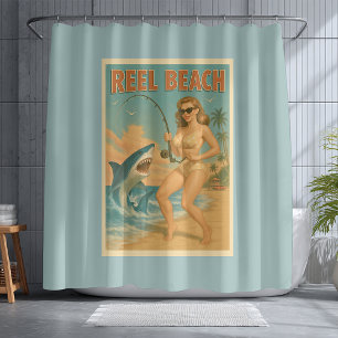 Rideaux De Douche Plage de Pêche au Requin Pin-Up Rétro Vie Côtière