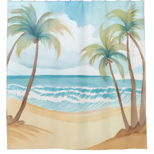 Rideaux De Douche Plage Hawaïenne   Aquarelle Tropicale d'Arbre de P