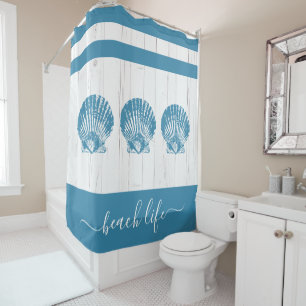 Rideaux De Douche Plage script vie coquillage turquoise blanc bois r