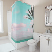 Rideaux De Douche Plage tropicale, vue d'océan, nuages roses, paume (En situation)