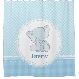 Rideaux De Douche Plaid bleu-clair d'éléphant mignon pour des